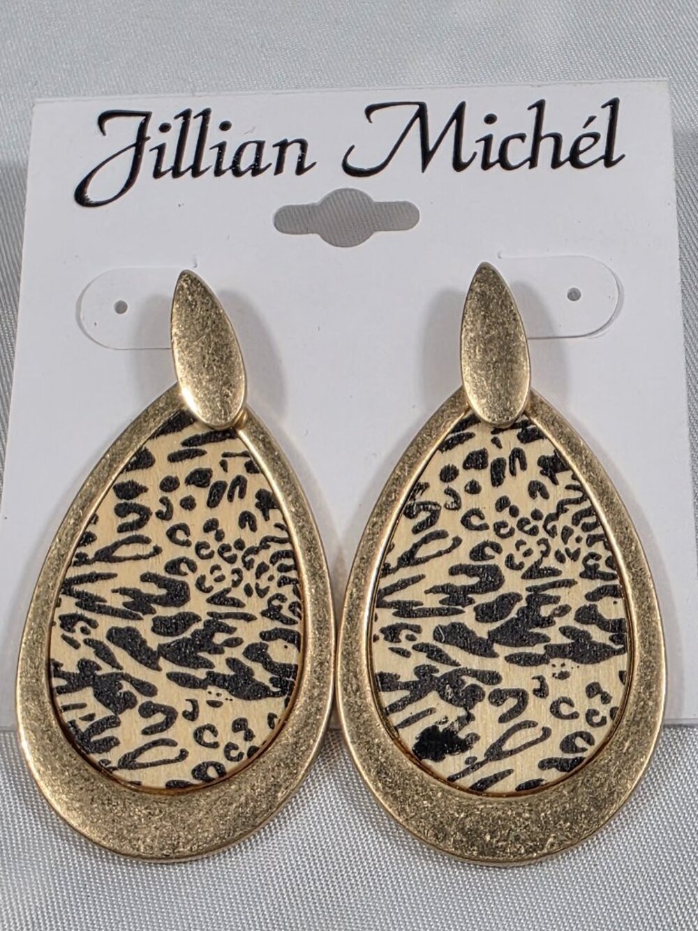 Jillian Michael Gold Tone Teardrop Dangle Earrings Leopard Print Insets NEW